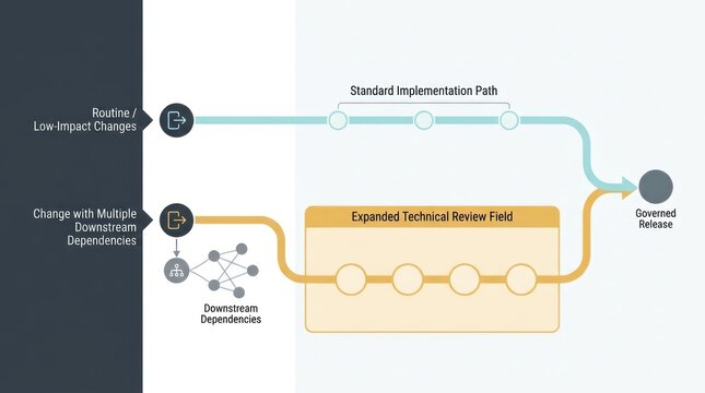 Business change workflow routing with standard implementation path, expanded technical review for downstream dependencies, and governed release