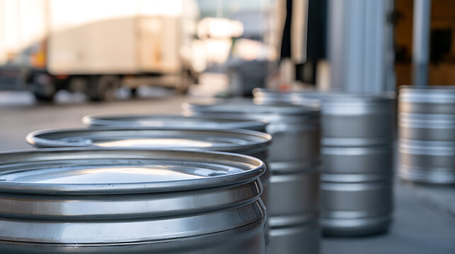 Industrial metal barrels lined up outside warehouse facility with delivery truck in background symbolizing modern logistics and cargo transport