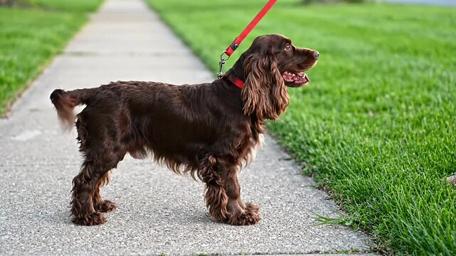 Brown spaniel dog on red leash standing on sidewalk