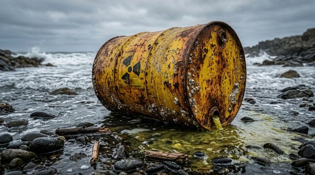 Industrial disaster and ecological catastrophe concept featuring a leaking radiation barrel.