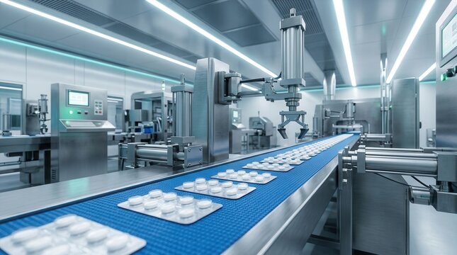 Medical tablets in blister packs being processed on an automated conveyor belt within a high-tech pharmaceutical manufacturing line.