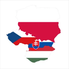 Flag map outline shape of Visegrad 4 Countries - Czechia, Slovakia, Poland and Hungary. Flags of countries fill the shapes with their colors. Symbol of regional cooperation, identity and partnership © pyty
