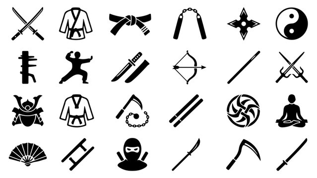 Set of black martial arts icons including weapons and gear for karate ninja and samurai training