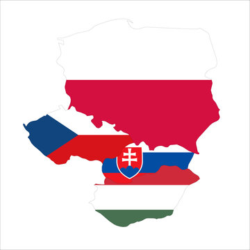 Flag map outline shape of Visegrad 4 Countries - Czechia, Slovakia, Poland and Hungary. Flags of countries fill the shapes with their colors. Symbol of regional cooperation, identity and partnership