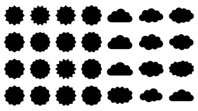 Set of black flat badge starburst shapes and fluffy weather cloud icons for creative graphic design