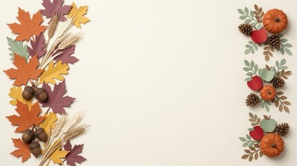 Fototapeta premium Beautiful thanksgiving autumn mix elements border featuring colorful fall leaves and decorative pumpkins on a white background