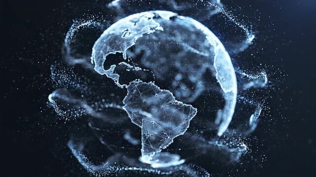Abstract Digital Earth rotates with glowing particles against dark background seamless loop for global technology concepts