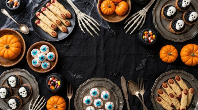 Spooky halloween feast overhead view with skeleton hands and festive foods