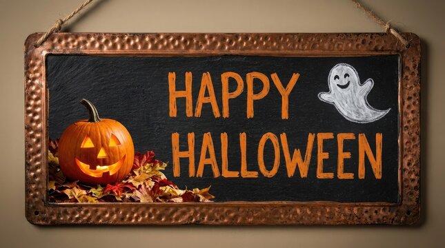 Rustic happy halloween wooden sign with jack o lantern and spooky ghost decoration