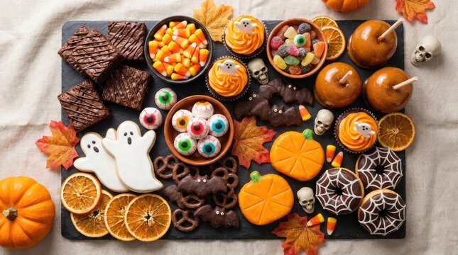 Colorful halloween treats and sweets arranged on a decorative board for a festive celebration