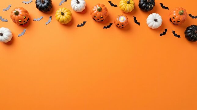 Festive halloween decorations including pumpkins ghosts and bats on a vibrant orange background