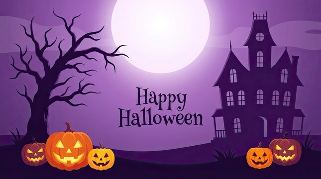 Spooky halloween scene with haunted house silhouetted against a full moon and pumpkins