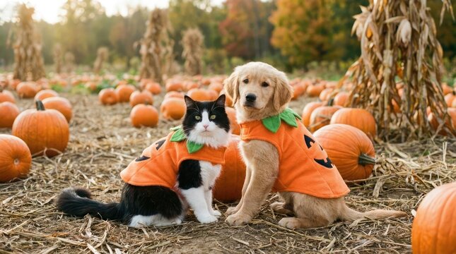 Adorable pets in halloween costumes pose among pumpkins in a fall pumpkin patch