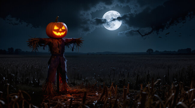 halloween pumpkin scarecrow on a wide field with the moon on a scary night
