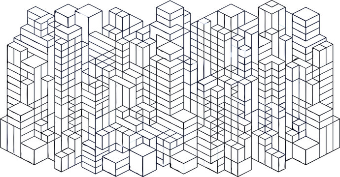 Abstract isometric cube block pattern featuring complex 3D geometric line art structure and procedural urban grid