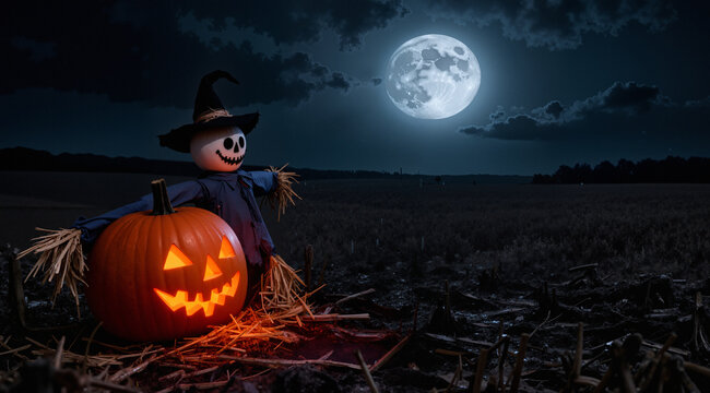 halloween pumpkin scarecrow on a wide field with the moon on a scary night
