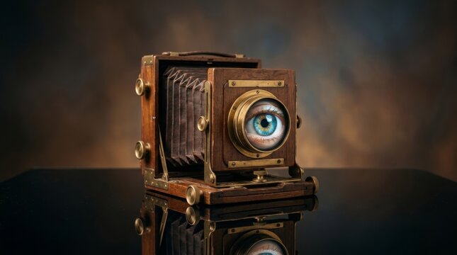 Vintage bellows camera with human eye lens