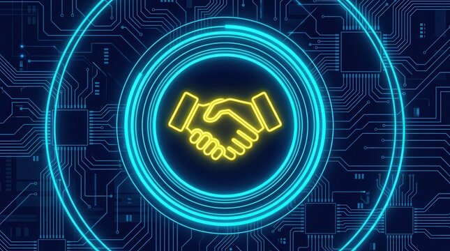 Business partnerships symbolized by a digital handshake icon within a futuristic blue circuit design environment.