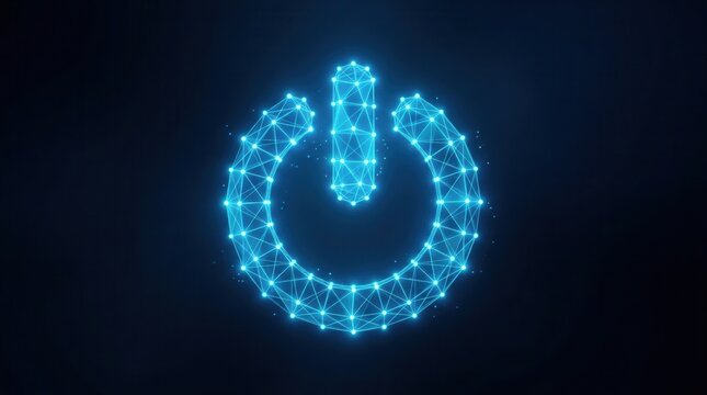 Geometric wireframe power button symbol with a blue glow set against a dark technological background.