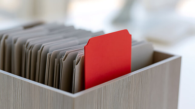 A file box with hanging folders on an office desk, featuring one distinct red tab for organization concept, focus and management work