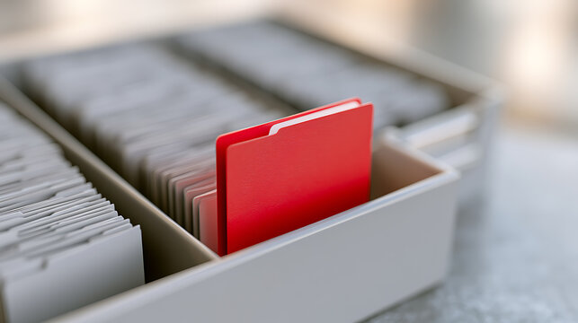 Red file folder stand out among gray documents in a storage box, business organization concept symbol of importance, priority, and choice