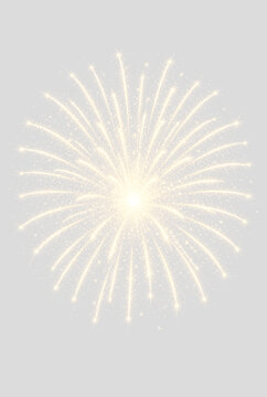 Festive fireworks explosion light effect. Sparkling fireworks isolated on transparent PNG. Realistic explosions with brightly shining sparks.