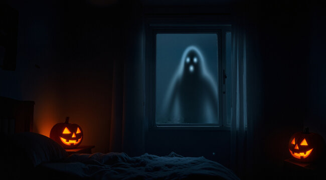 Blurred ghost silhouette in bedroom window at night horror scene on Halloween
