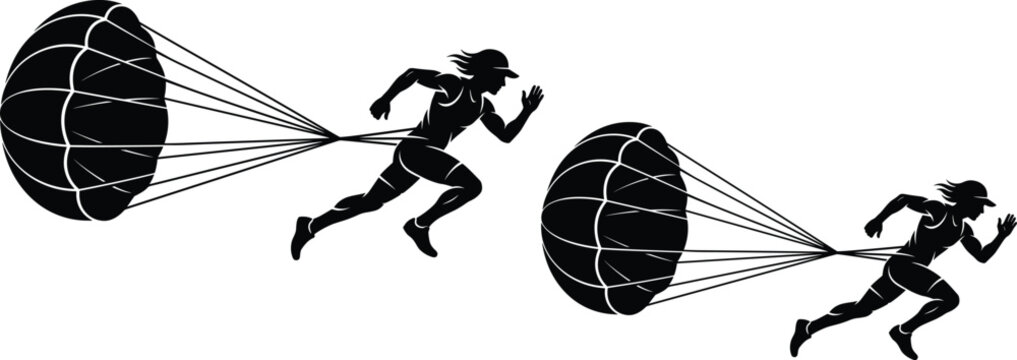 Athletic sprint acceleration and drag resistance training vector graphics bundle featuring running sprinters with drag parachutes