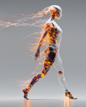 Futuristic digital human figure walking with glowing neural network particle trail, artificial intelligence technology concept, cyber human cyborg background with copy space.