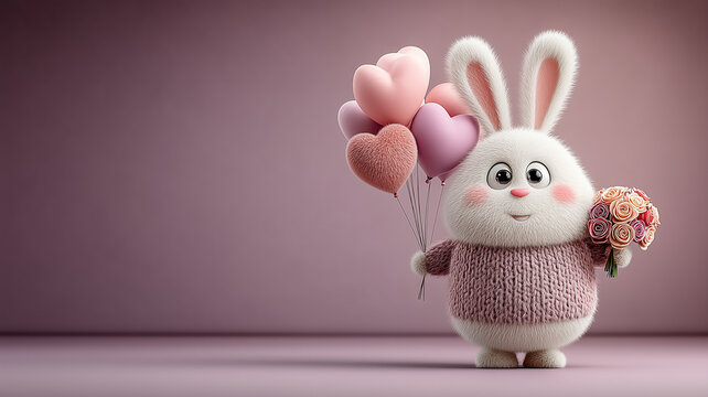 Cute fluffy bunny holding heart balloons and flower bouquet on pink background, romantic easter and valentine greeting card concept with copy space for banner design.