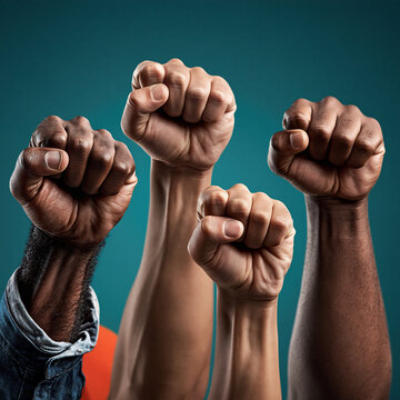 Fists Raised in Solidarity: A powerful display of unity as four diverse hands, clenched into fists, rise against a teal background, symbolizing strength, protest, and collective action.