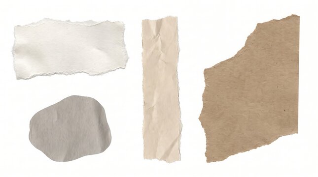 Collection of four different paper scraps including white, beige, and brown cardboard pieces with torn edges isolated on a white background