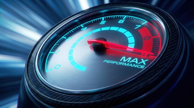 Glowing abstract speedometer and tachometer dial indicating maximum performance
