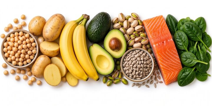Potassium rich foods with salmon, avocado, bananas and spinach