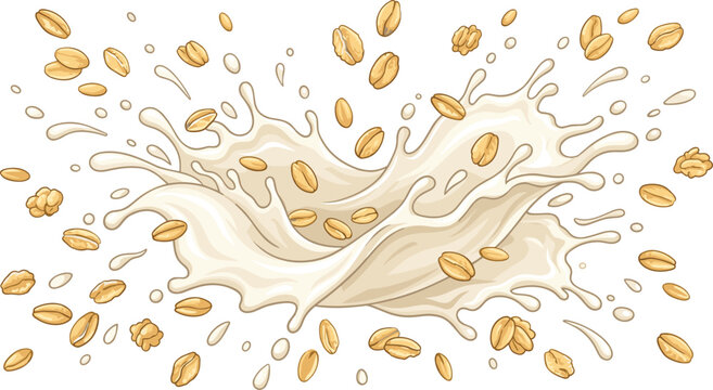 Healthy oat milk splash with flying porridge oats cereal flakes dynamic white liquid wave pour element for vegan dairy alternative food packaging vector graphic