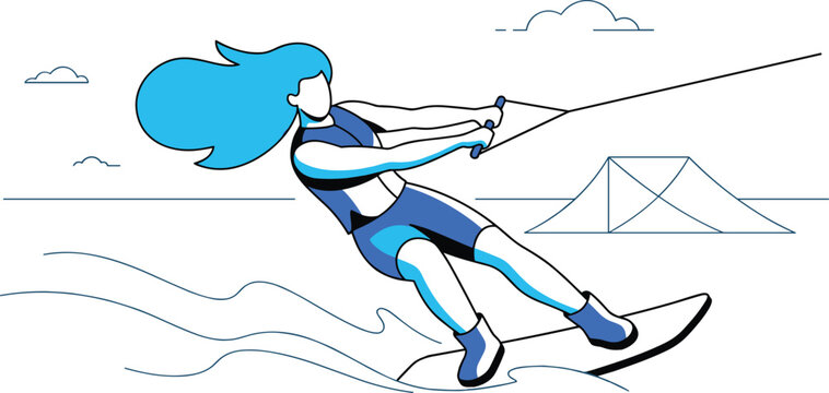 Female wakeboarder riding ocean waves in cable park flat line vector illustration for extreme summer water sports