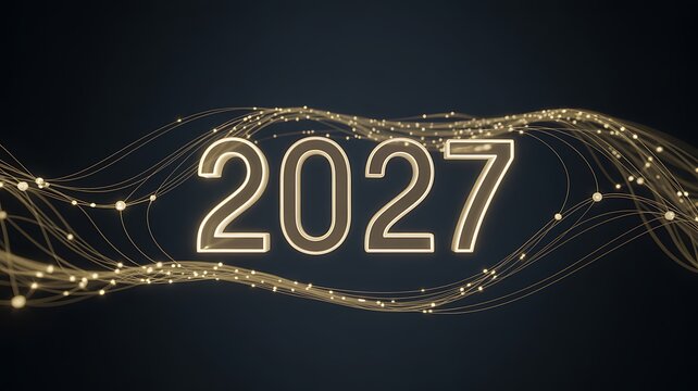 Illuminated new year 2027 celebration over night cityscape with fireworks