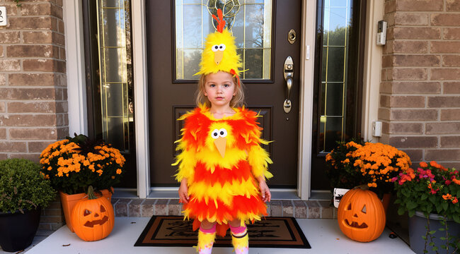 little girl in homemade bird costume on halloween posing on her front porch
