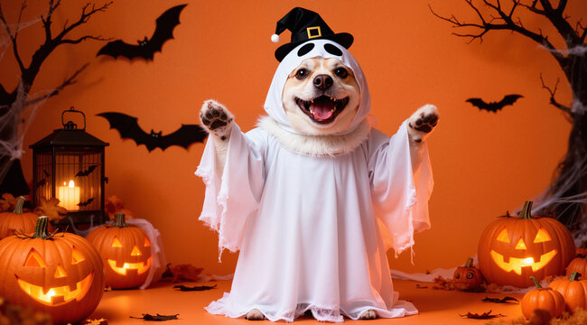 funny dog in ghost costume posing for Halloween
