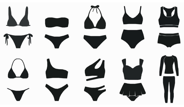 Women's two-piece bikini and swimsuit silhouette collection minimalist vector set