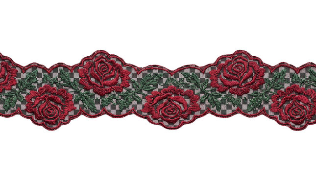 Vintage red rose embroidered lace trim, floral textile border with green leaves, elegant fabric ribbon for sewing and craft projects isolated PNG with Transparent Background