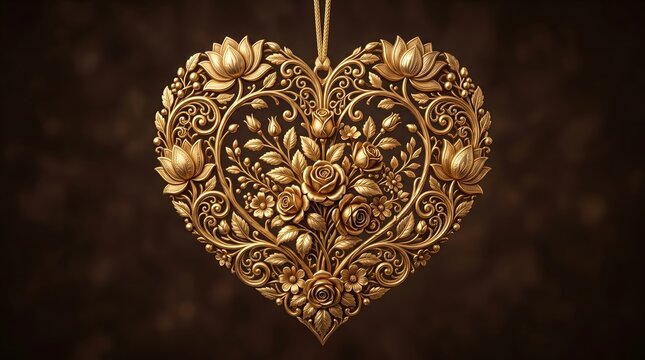 Intricate golden heart ornament with floral details and swirling patterns hanging against a dark brown background detailed craftsmanship