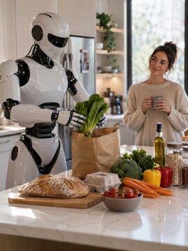 Humanoider Roboter r&auml;umt frische Lebensmittel aus einer Einkaufst&uuml;te, w&auml;hrend eine Frau zusieht. Das Motiv zeigt intelligente Haushaltshilfe und Alltag der Zukunft.