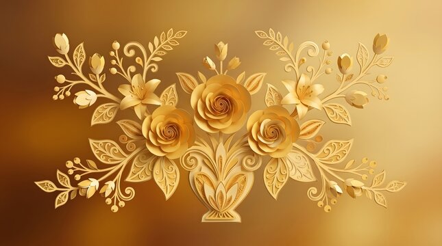 Elegant golden floral arrangement with roses lilies and swirling leaves a luxurious decorative design on a blurred golden background