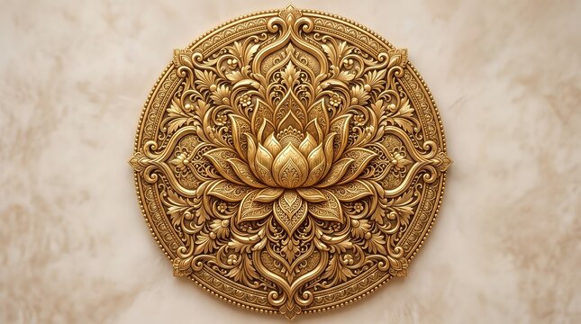 Intricate golden lotus flower carving with detailed ornamental design and swirling patterns against a soft beige background artistic wall decor