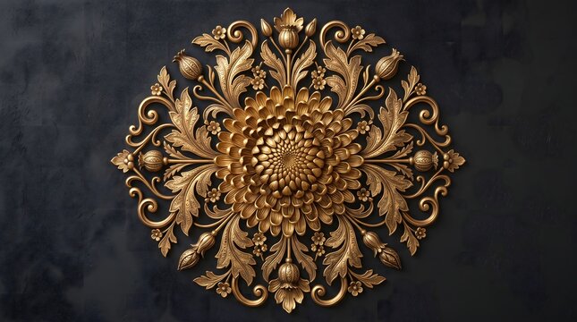 Intricate golden floral ornament with detailed petals and leaves against a dark gray textured background luxurious decorative design element