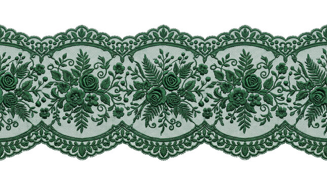 Vintage emerald green lace trim, elegant floral embroidery border, decorative botanical textile ribbon for fashion and craft isolated PNG with Transparent Background