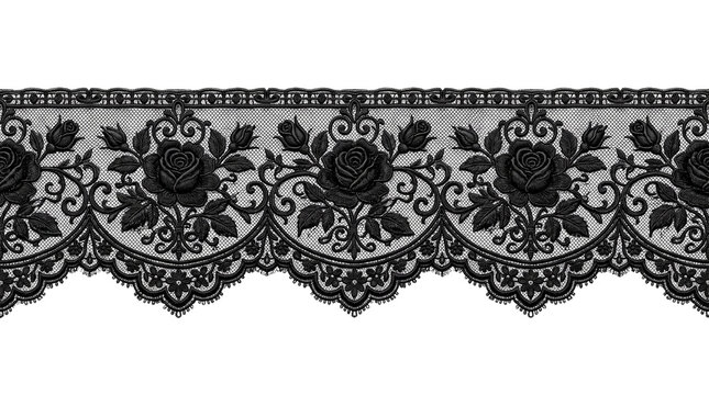 Vintage black lace border with rose floral pattern, elegant gothic embroidery trim, decorative textile lace ribbon for fashion design isolated PNG with Transparent Background