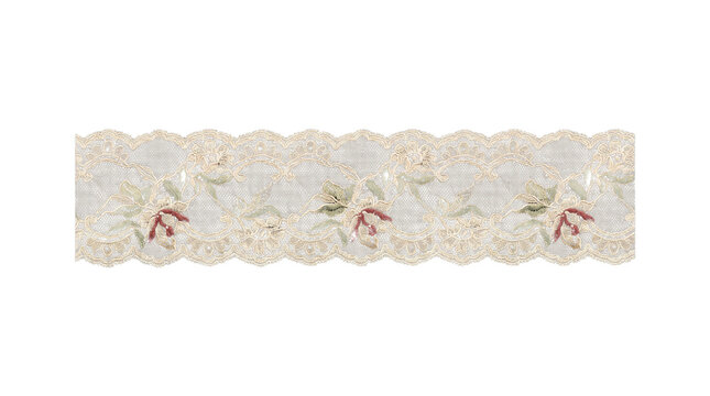 Vintage floral lace ribbon with scalloped edges, elegant cream embroidery trim, antique textile border for wedding invitations and sewing isolated PNG with Transparent Background