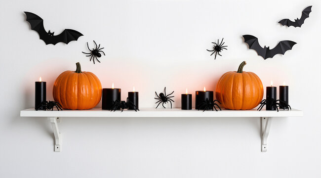 Halloween shelf display with pumpkins, black candles and spiders against a white wall with bats. White shelf. Banner with copy space.
